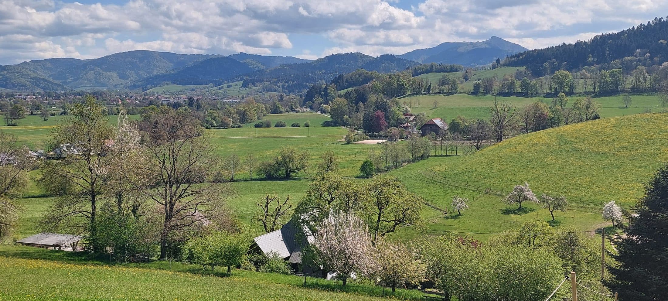 Weite Aussicht über die Ortschaft und die Hügel rund um Neuhäuser